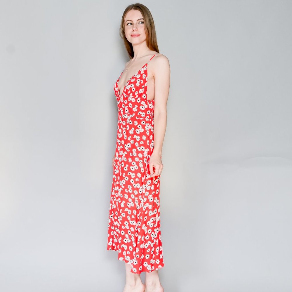 REFORMATION Red Floral Print V-Neck Midi Dress - Picture 5 of 6